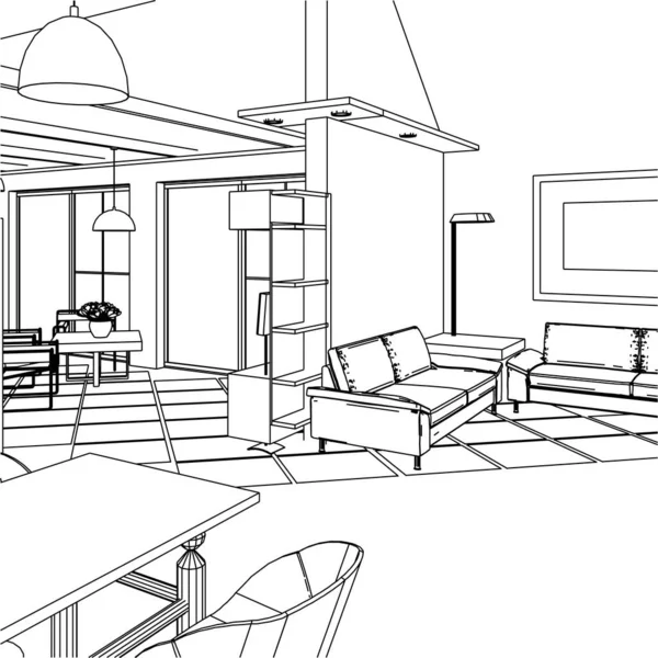 Casa Loft Interior Rendering — Vector de stock