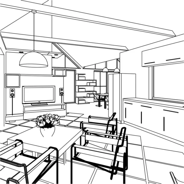 Casa Loft Interior Rendering — Vector de stock