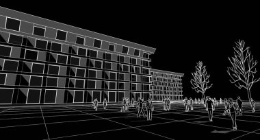 soyut modern mimari modüler cephe 3D illüstrasyon