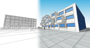  soyut modern mimari modüler cephe 3D illüstrasyon