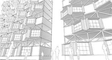 soyut modern mimari modüler cephe 3D illüstrasyon