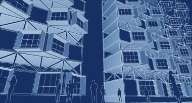 soyut modern mimari modüler cephe 3D illüstrasyon