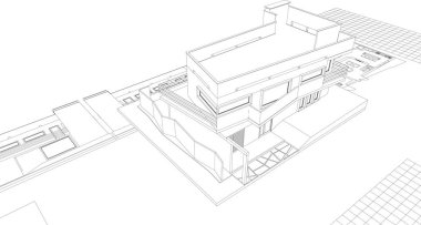 Modern ev mimari projesi çizimi 3D illüstrasyon