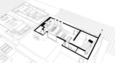 Modern ev mimari projesi çizimi 3D illüstrasyon