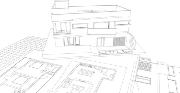 Casa Moderna Progetto Architettonico Schizzo Illustrazione — Vettoriale Stock