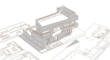 Modern ev mimari projesi çizimi 3D illüstrasyon