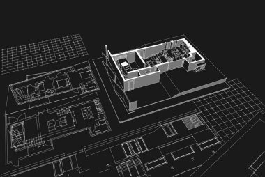 Modern ev mimari projesi çizimi 3D illüstrasyon
