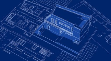 Modern ev mimari projesi çizimi 3D illüstrasyon