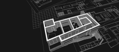 Modern ev mimari projesi çizimi 3D illüstrasyon