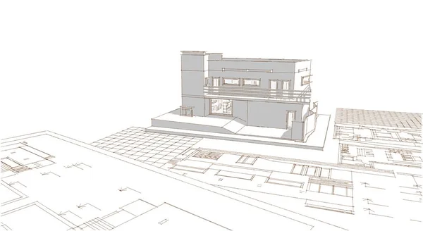 Современный Дом Архитектурный Эскиз Проекта Иллюстрация — стоковое фото