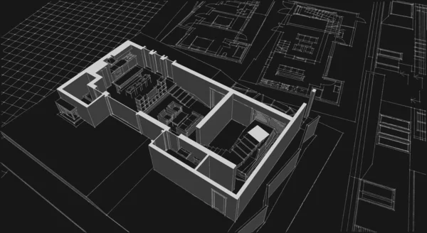 Moderní Dům Architektonický Projekt Skica Ilustrace — Stock fotografie