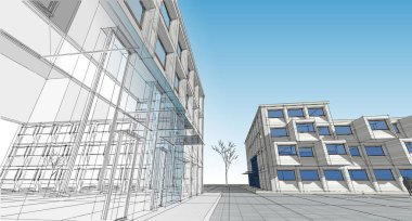 soyut modern mimari modüler cephe 3D illüstrasyon