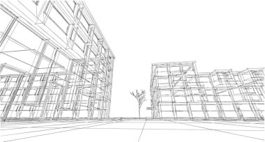 soyut modern mimari modüler cephe 3D illüstrasyon