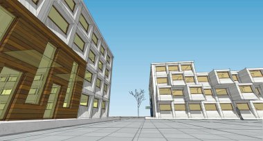 soyut modern mimari modüler cephe 3D illüstrasyon