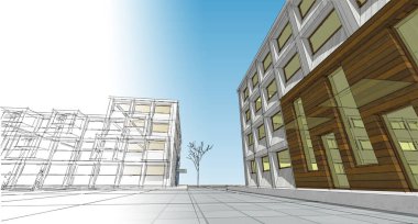 soyut modern mimari modüler cephe 3D illüstrasyon