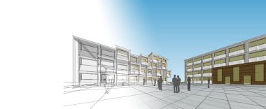 soyut modern mimari modüler cephe 3D illüstrasyon