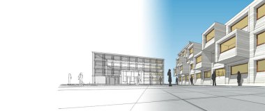 soyut modern mimari modüler cephe 3D illüstrasyon