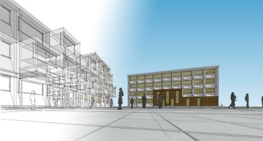 soyut modern mimari modüler cephe 3D illüstrasyon