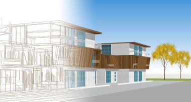 Modern ev mimarisi çizimi 3D illüstrasyon