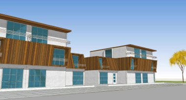 Modern ev mimarisi çizimi 3D illüstrasyon