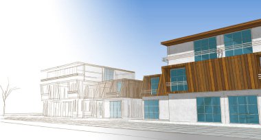 Modern ev mimarisi çizimi 3D illüstrasyon