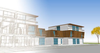 Modern ev mimarisi çizimi 3D illüstrasyon