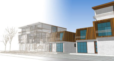 Modern ev mimarisi çizimi 3D illüstrasyon