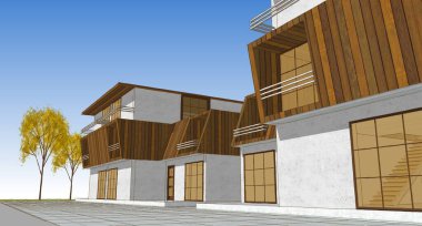 Modern ev mimarisi çizimi 3D illüstrasyon