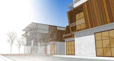 Modern ev mimarisi çizimi 3D illüstrasyon