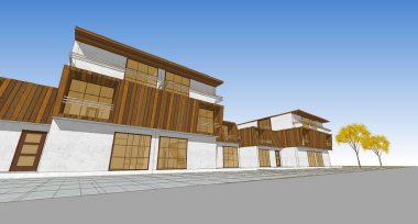 Modern ev mimarisi çizimi 3D illüstrasyon