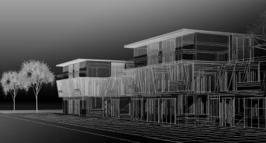 Modern ev mimarisi çizimi 3D illüstrasyon