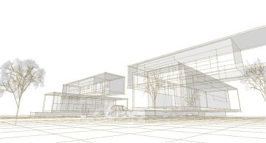 Modern ev mimarisi çizimi 3D illüstrasyon