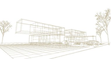 Modern ev mimarisi çizimi 3D illüstrasyon