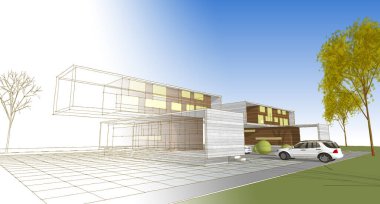 Modern ev mimarisi çizimi 3D illüstrasyon