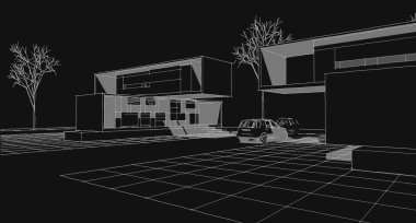 Modern ev mimarisi çizimi 3D illüstrasyon