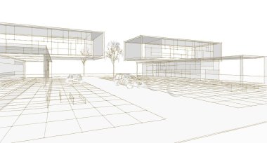 Modern ev mimarisi çizimi 3D illüstrasyon