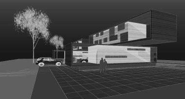 Modern ev mimarisi çizimi 3D illüstrasyon