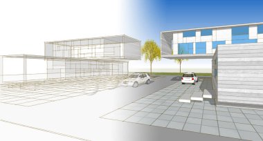 Modern ev mimarisi çizimi 3D illüstrasyon