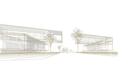 Modern ev mimarisi çizimi 3D illüstrasyon