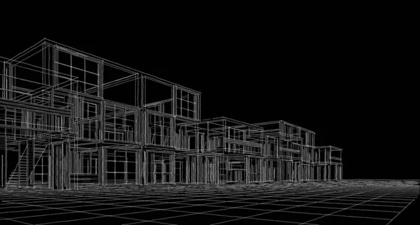 现代房屋建筑草图3D插图 — 图库照片