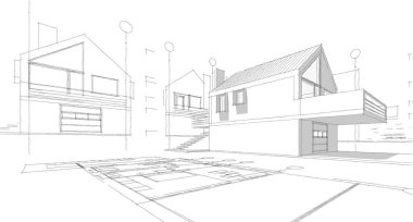 Geleneksel küçük ev mimarisi çizimi 3D illüstrasyon