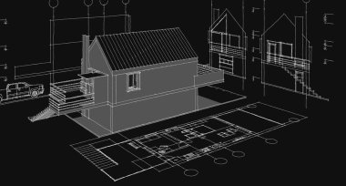 Geleneksel küçük ev mimarisi çizimi 3D illüstrasyon