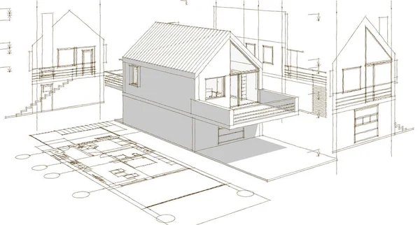 Traditional Small House Architectural Sketch Illustration — Stock Photo, Image