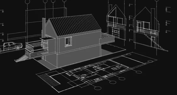 Tradycyjny Mały Dom Architektoniczny Szkic Ilustracja — Zdjęcie stockowe