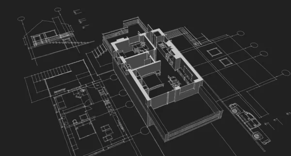 Tradycyjny Mały Dom Architektoniczny Szkic Ilustracja — Zdjęcie stockowe