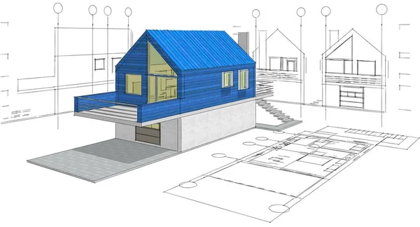 小房子建筑草图3D插图 — 图库照片