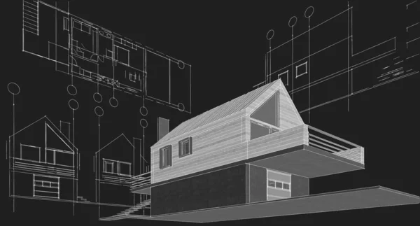 小さな家の建築スケッチ3Dイラスト — ストック写真