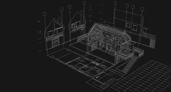 小房子建筑草图3D插图 — 图库照片