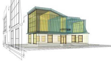 Tavan arası mimari çizimi olan ev 3D görüntüleme