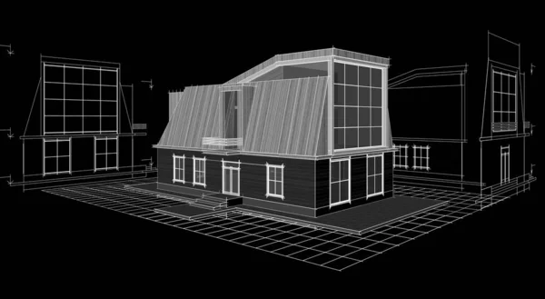 Дом Чердачным Архитектурным Эскизом Рендеринга — стоковое фото
